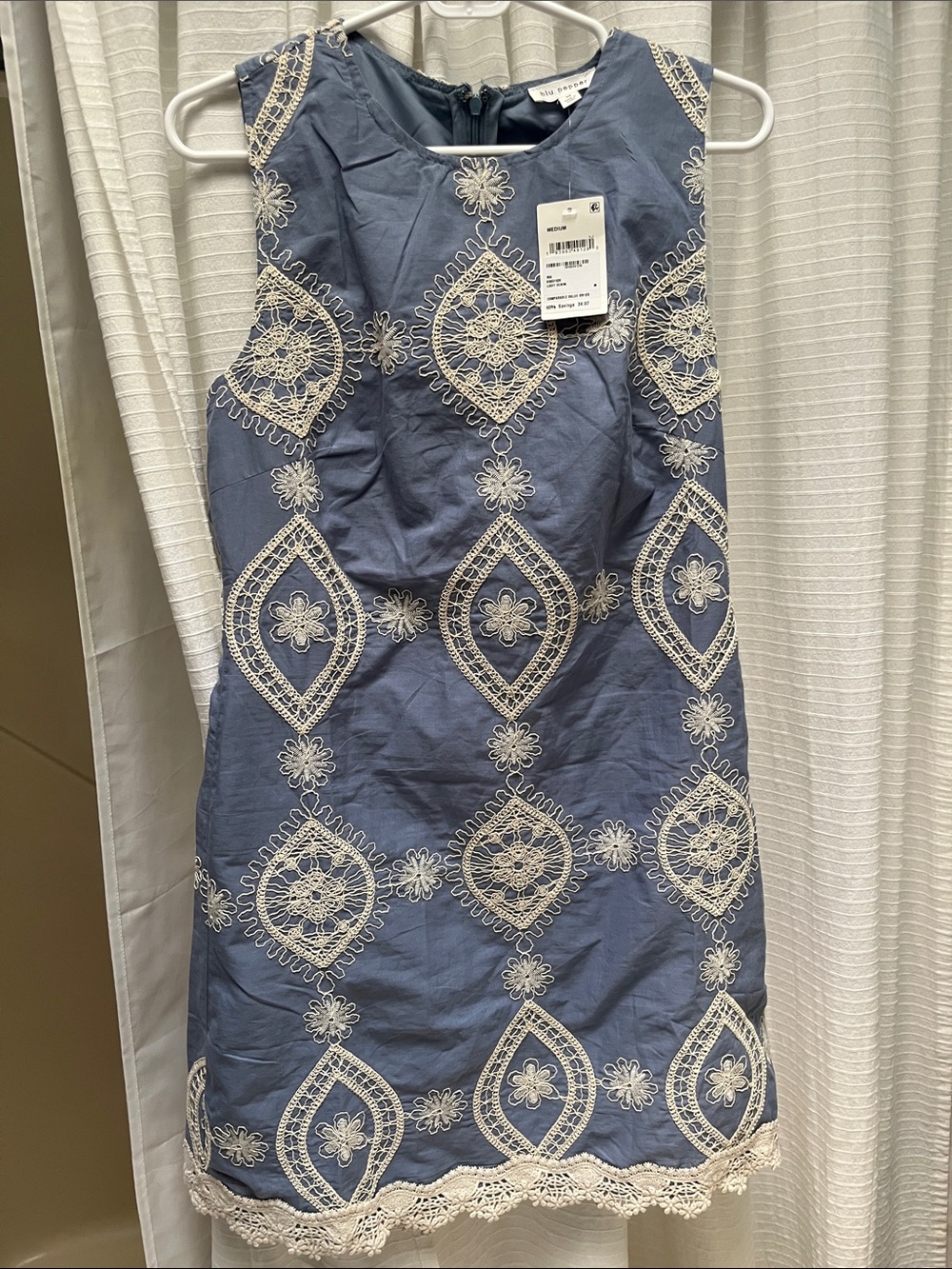 Sleeveless Blue Shift Dress with Cream Lace Embroidery